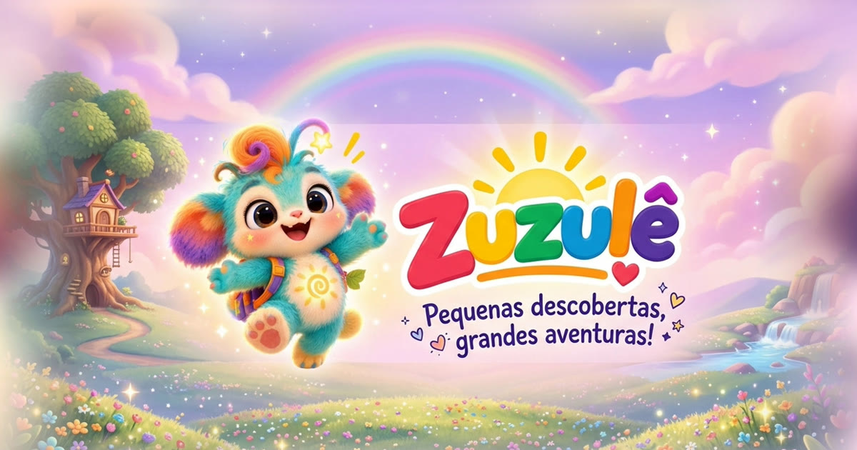 Zuzulê pulando num campo florido com arco-íris